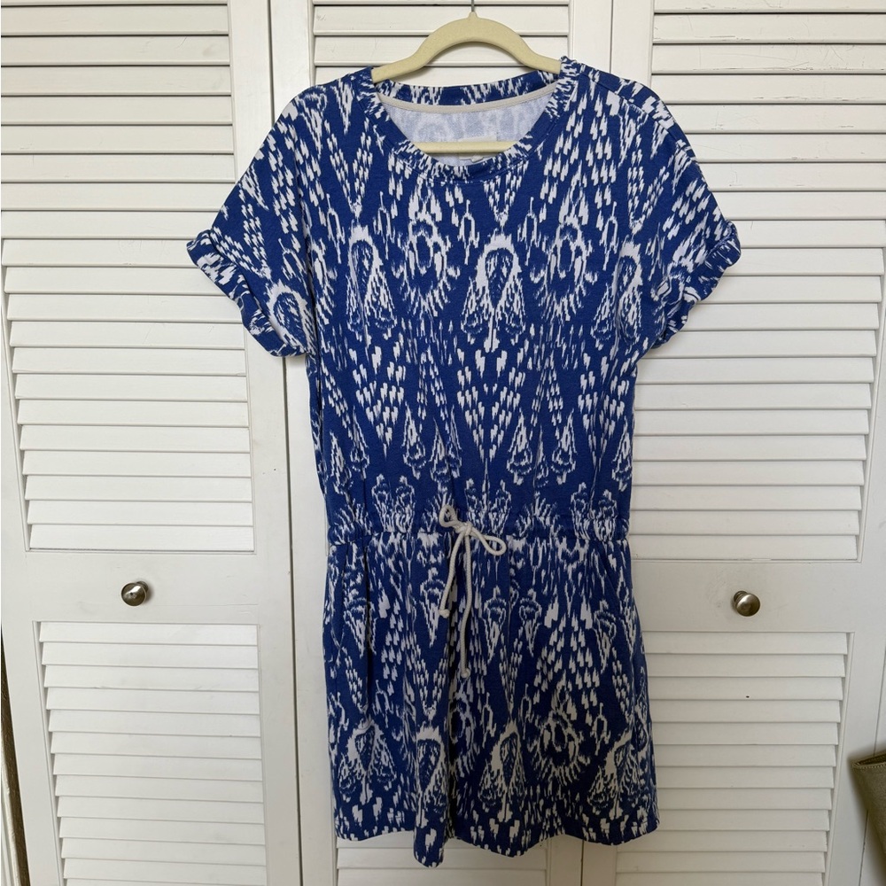 Blue and White Patterned Cover Up Dress with Pockets